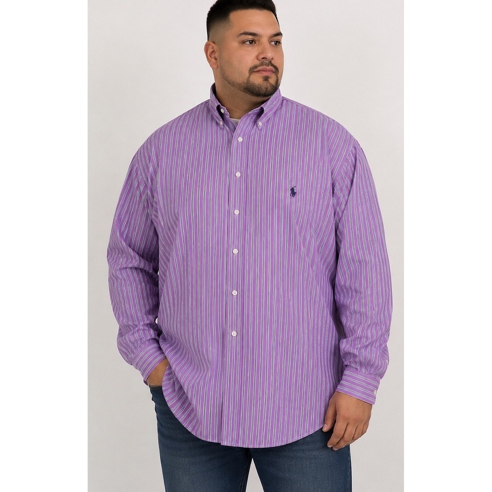 Ralph Lauren Mens Size 20 34 / 35 4XL Shirt Purple Stripe Button Down LS Pony